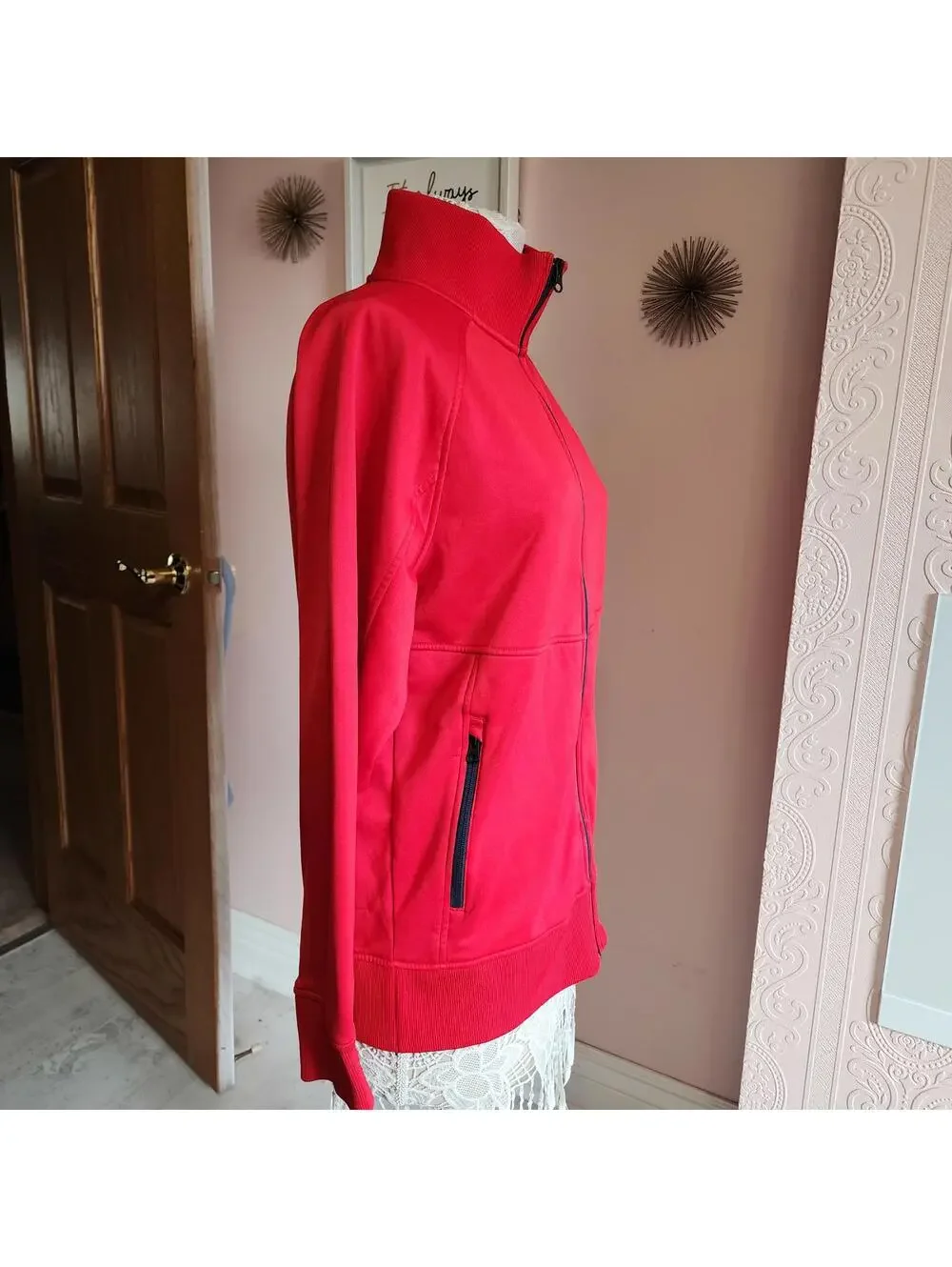 Flawless North Face Tech Mens Red zip jacket with flag patch on arm M